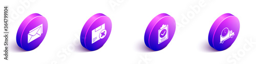 Set Isometric Envelope, Carton cardboard box and delete, Verification of delivery list clipboard and Logistics delivery truck and clock icon. Vector.