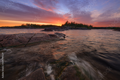 Rocky shore of the orthern lake at dawn  lake Ladoga