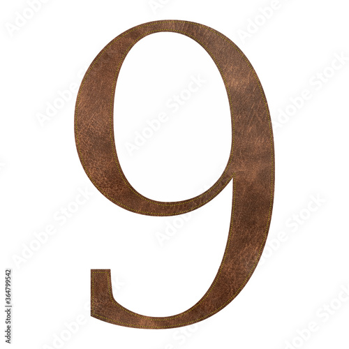 Brown leather number nine with yellow stitch, isolated on white background, vector illustration