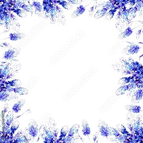 frame with watercolor muscari flowers on a white background