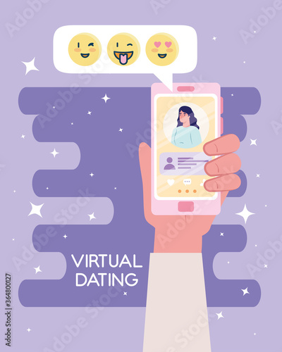Woman in smartphone chatting with emojis bubble design, Virtual dating and relationship theme Vector illustration