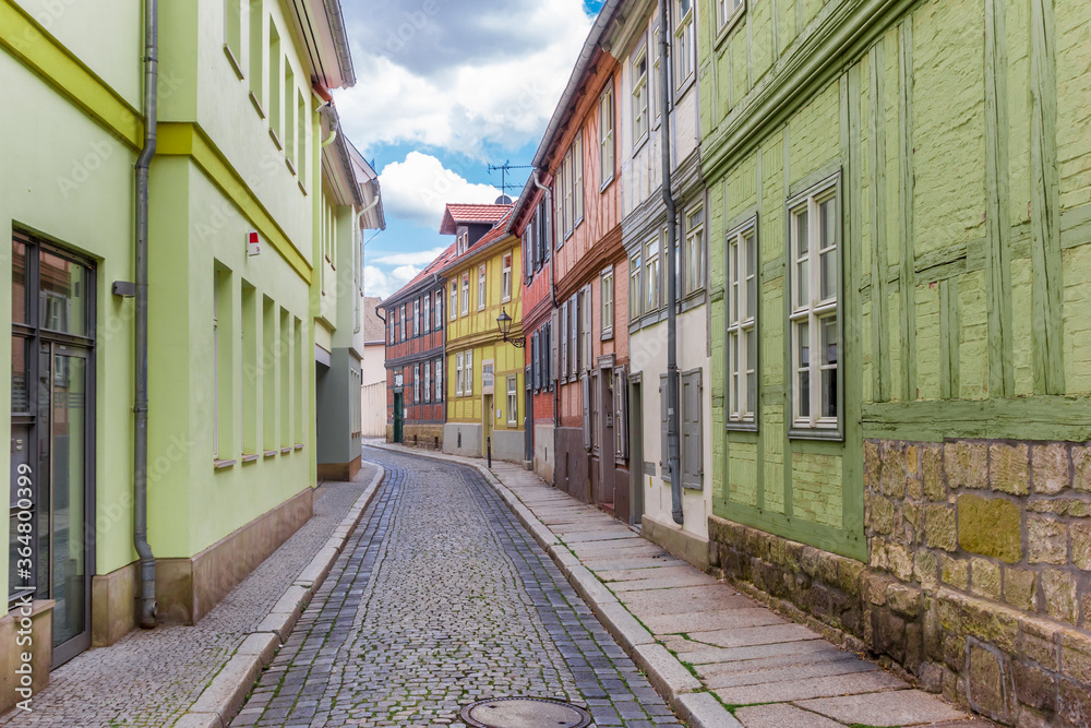 Empty cobblestoned street in the historic center of Quedlinburg, Germany