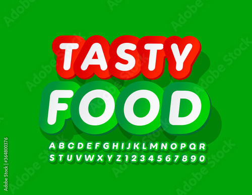 Vector green banner Tasty Food. Sticker style Font. Decorative Alphabet Letters and Numbers