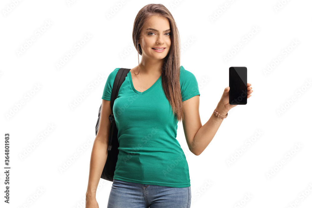 Beautiful female student showing a smartphone Beautiful female student showing a smartphone