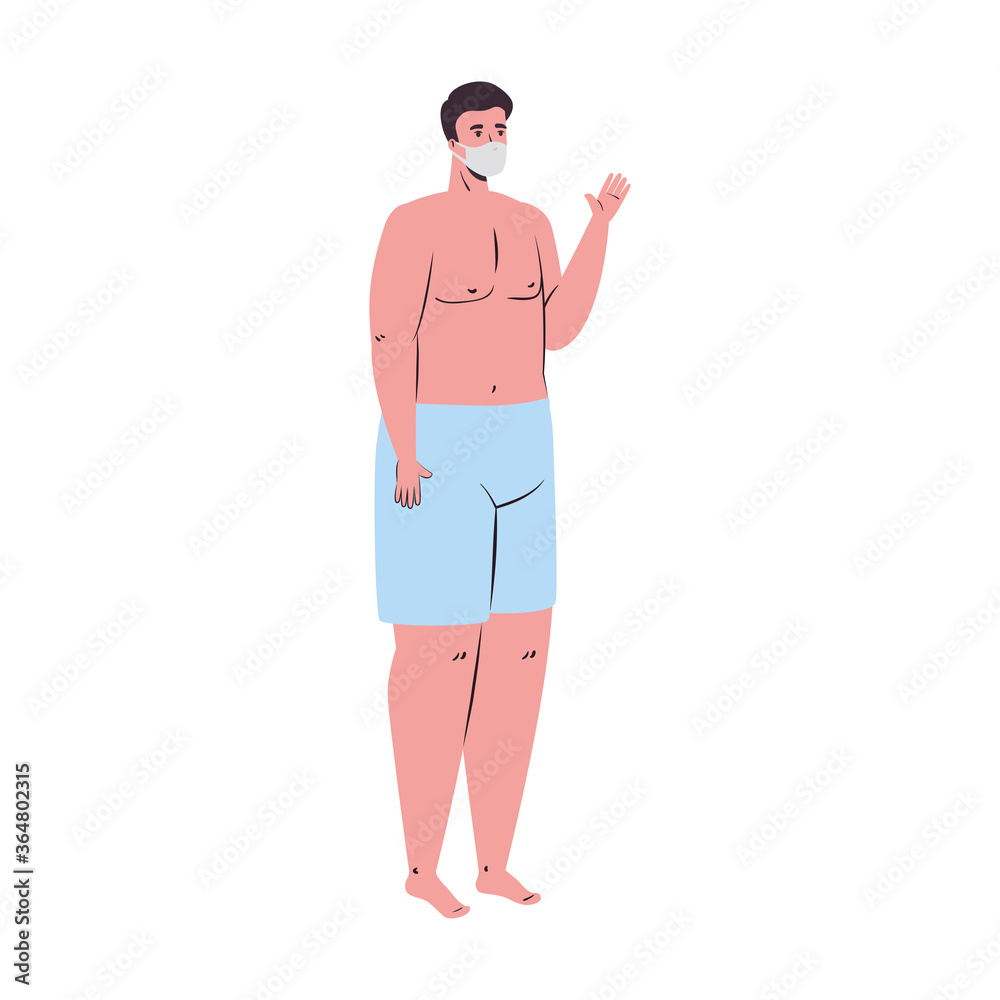 Man cartoon with swimsuit and medical mask on towel design, Summer vacation tropical and covid 19 virus theme Vector illustration