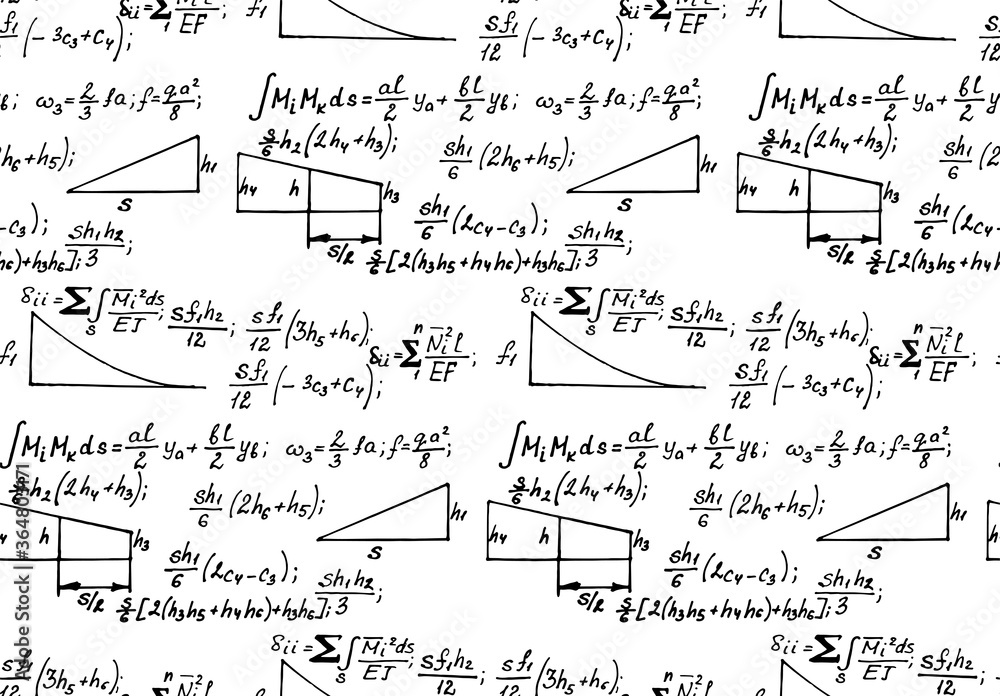 Physics seamless pattern with the equations, figures, schemes, plots and other calculations on whiteboard. Handwritten vector Illustration.