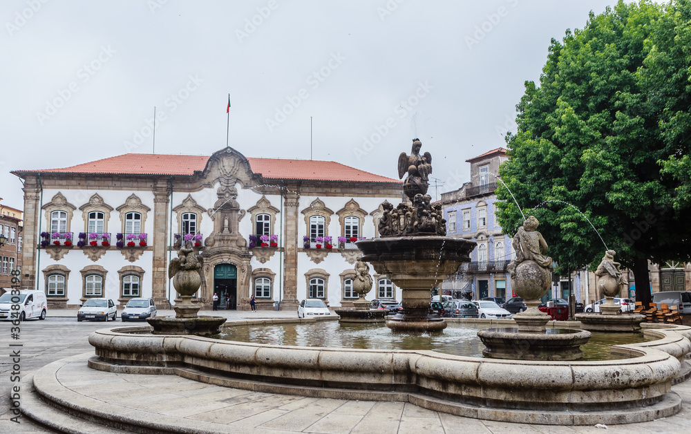 Braga City Hall and fountain, Minho, Portugal.
