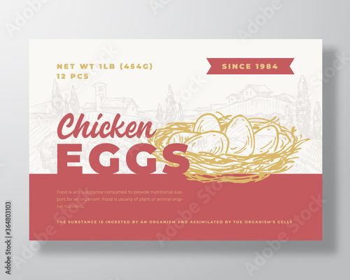Chicken Eggs Food Label Template. Abstract Vector Packaging Design Layout. Modern Typography Banner with Hand Drawn Nest and Rural Landscape Background.