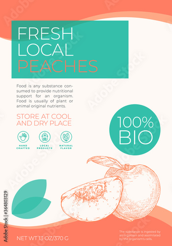 Fresh Local Fruits Label Template. Abstract Vector Packaging Design Layout. Modern Typography Banner with Hand Drawn Peach with a Half Sketch Silhouette Background.