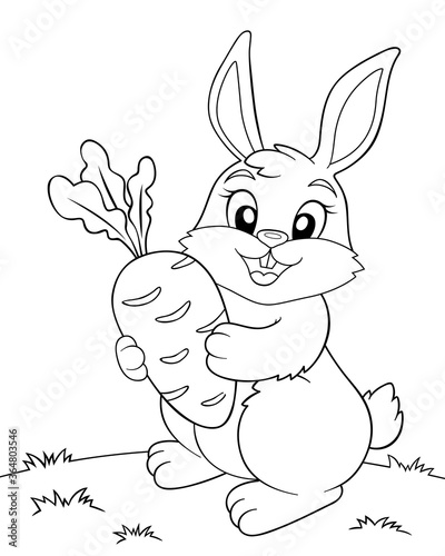 Cute cartoon bunny holding a carrot. Black and white vector illustration for coloring book