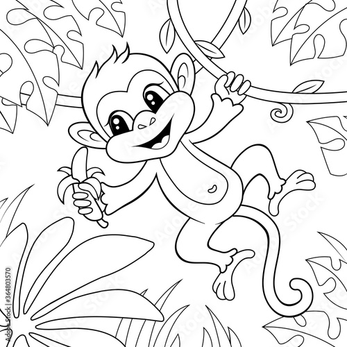 Cute little monkey with banana. Black and white vector illustration for coloring book