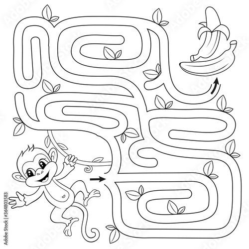 Help monkey find path to banana. Labyrinth. Maze game for kids. Black and white vector illustration for coloring book