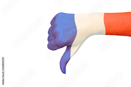 France Flag showing thumb down on white isolated background