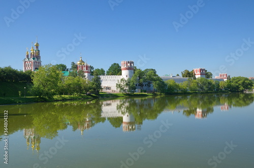 Summer view of the Novodevichy monastery and the Big Novodevichy pond. Moscow, Russia