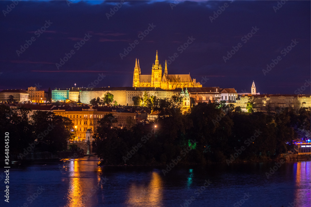 Saint Vitus Cathedral on Prague Castle, River Vltava and Hradcany District  at Night in HDR