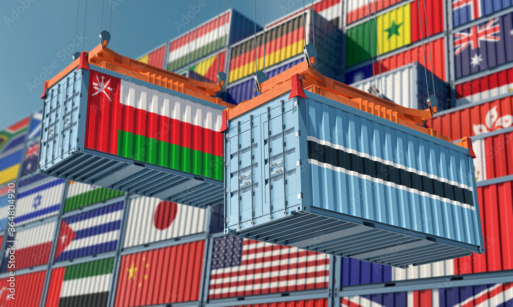 Freight containers with Oman and Botswana flag. 3D Rendering 