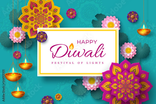Diwali, festival of lights holiday banner with paper cut style of Indian Rangoli, diya - oil lamp and lotus flowers. Turquoise color background. Vector illustration.