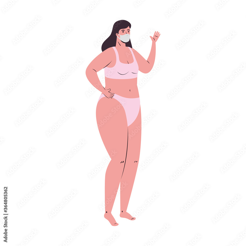 Girl cartoon with bikini and medical mask design, Summer vacation tropical and covid 19 virus theme Vector illustration Girl cartoon with bikini and medical mask design, Summer vacation tropical and covid 19 virus theme Vector illustration