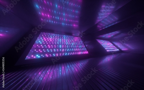 Fototapeta Naklejka Na Ścianę i Meble -  3d render, violet neon light abstract background, night club empty room interior, tunnel or corridor, glowing panels, fashion podium, performance stage decorations. Futuristic technology concept