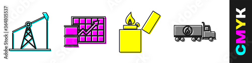 Set Oil pump or pump jack, Oil price increase, Lighter and Tanker truck icon. Vector.