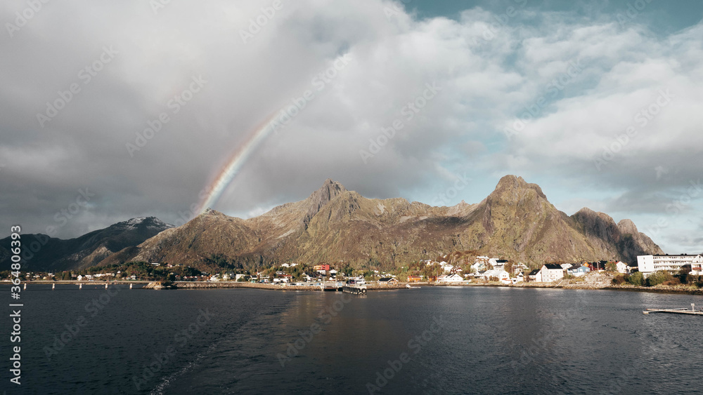 Photograph of Svolvær with Rainbow. Lofoten, Norway.
