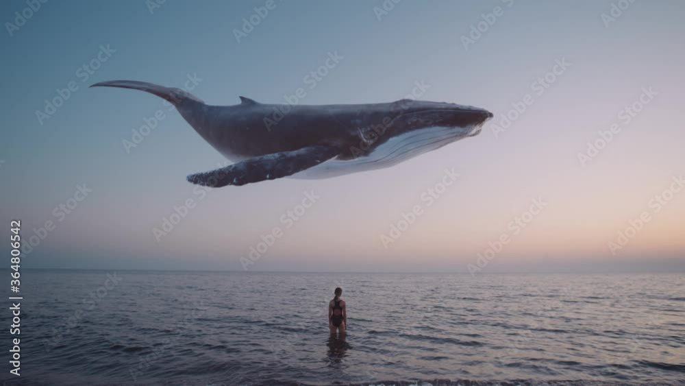Girl watches humpback whale flying above the sea. Mystical, fantasy, dream scene, a spirit animal or creative illustration for ecology and extinction topics. Cinematic quality.