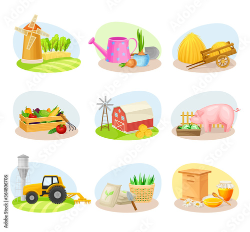 Farming Composition with Agricultural Crops and Farming Inventory Vector Set