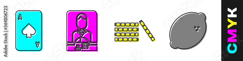 Set Playing card with spades, Casino dealer, Casino chips and Casino slot machine with lemon icon. Vector.