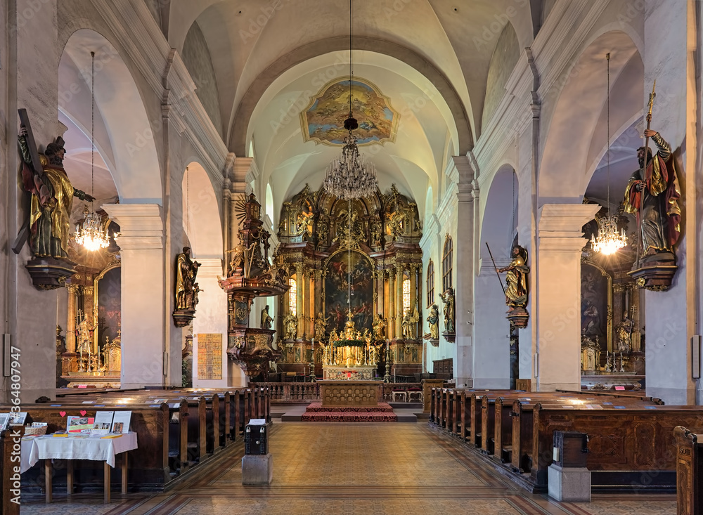 Linz, Austria. Interior of Stadtpfarrkirche (City Parish Church of the Assumption of the Virgin Mary). The church was founded in 1207. The present Baroque interior is from the 17th century.