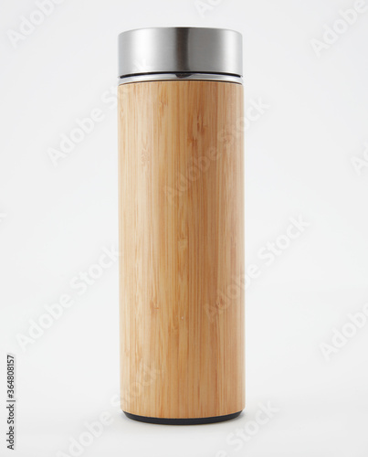 Full length wooden water bottle. Isolated on white background.