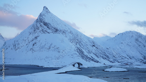 Cold snowy winter landscapes near Fredvang on the Lofoten Islands in Norway.