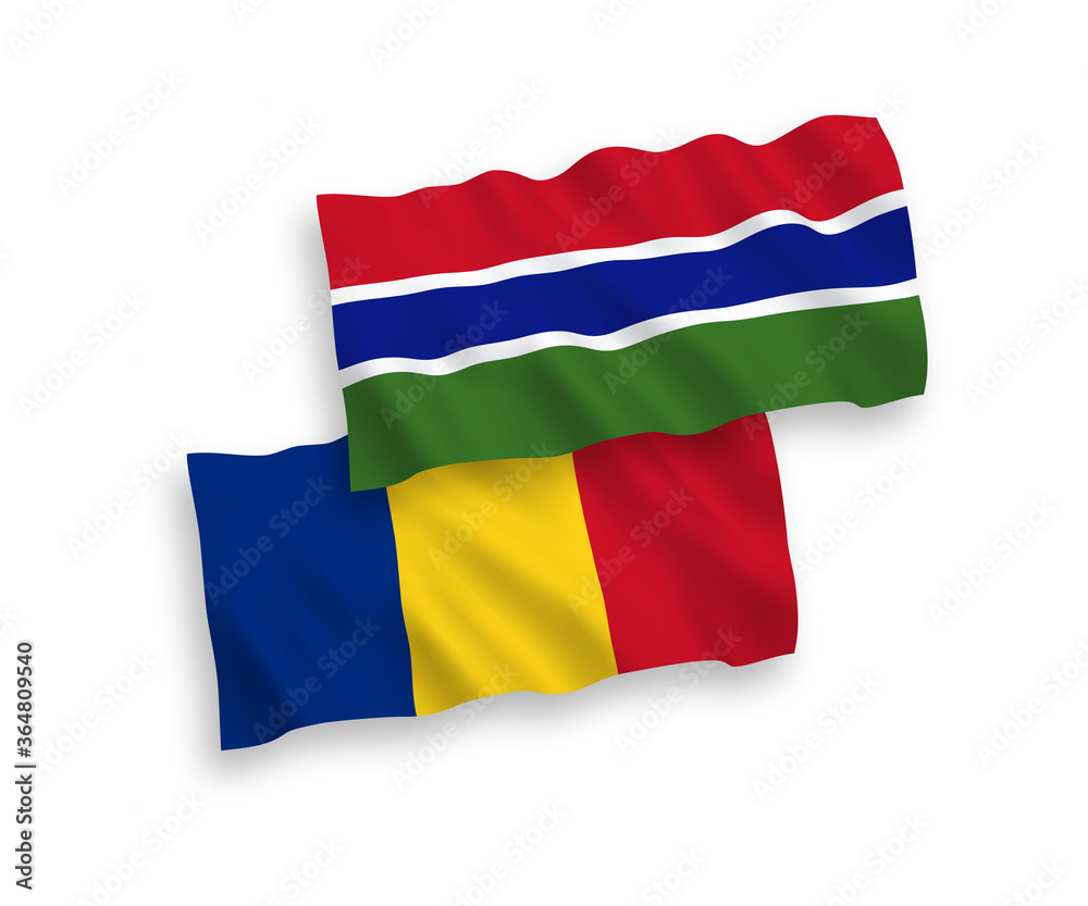 National vector fabric wave flags of Romania and Republic of Gambia isolated on white background. 1 to 2 proportion. National vector fabric wave flags of Romania and Republic of Gambia isolated on white background. 1 to 2 proportion.