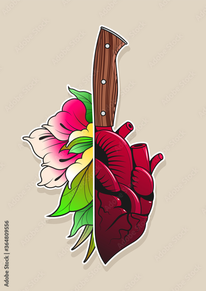 Heart, Knife, Flower Tattoo Design, Original Vector Drawing Stock
