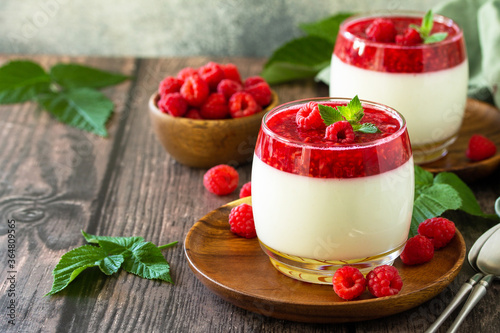 Bild auf Leinwand Raspberry Panna cotta with raspberry jelly, Italian dessert, homemade cuisine