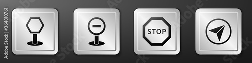 Set Road traffic sign, Stop sign, Stop sign and Infographic of city map navigation icon. Silver square button. Vector.