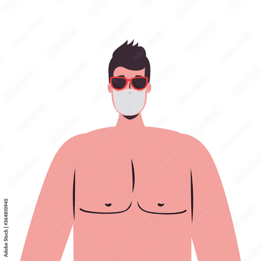 Fototapeta premium Man cartoon with medical mask and glasses design, Summer vacation tropical and covid 19 virus theme Vector illustration