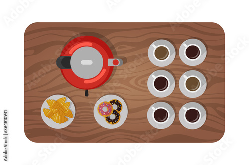 Wooden table set for tea, coffee break. View from top