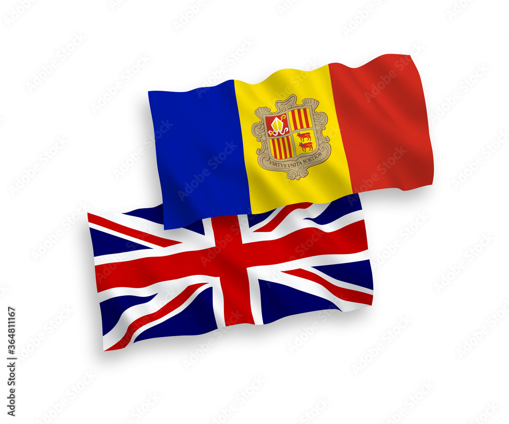Fototapeta premium National vector fabric wave flags of Great Britain and Andorra isolated on white background. 1 to 2 proportion.