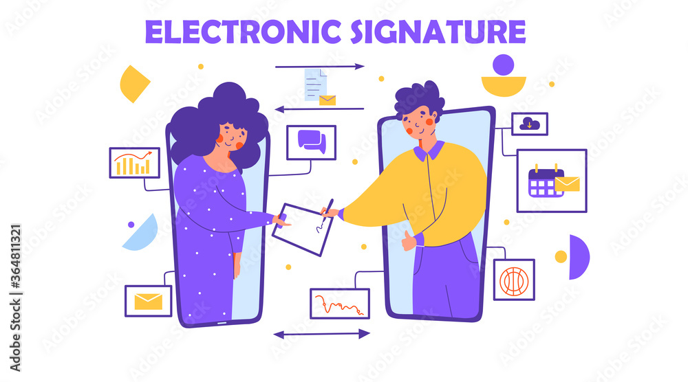 Electronic signature Business conference flat vector illustration. Home office concept.
