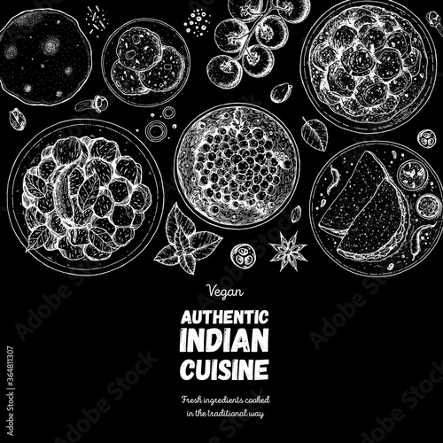 Indian food illustration. Hand drawn sketch. Indian cuisine. Doodle collection. Vector illustration. Menu background. Engraved style. Dish set with Indian thali, naan bread, palak paneer, vada pav.