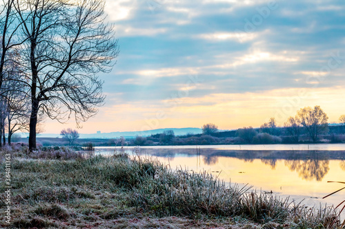 Frosty morning by the river, frost-covered trees and grass by the river at dawn