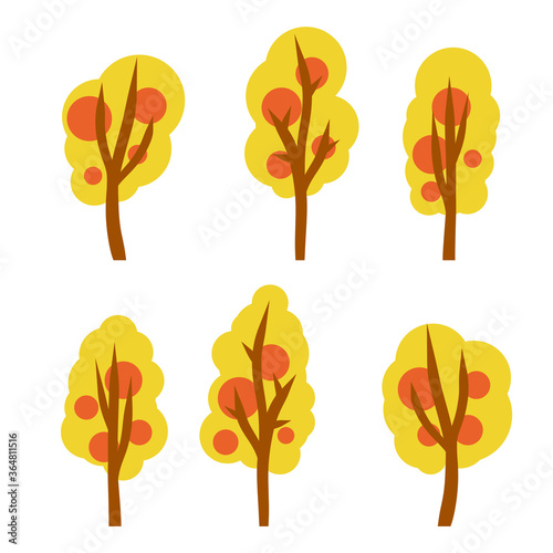 Autumn forest. Trees with red and orange leaves. Bushes and branches on a white background. Set of Element of nature  Park and forest. Cartoon flat illustration