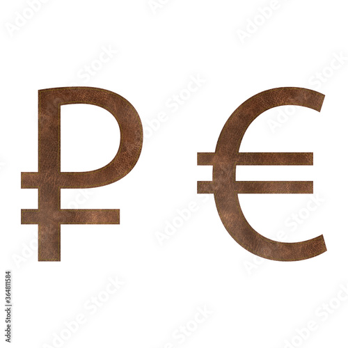 Brown leather currency sign euro, ruble isolated on white background. EUR RUB currency abbreviation, vector illustration
