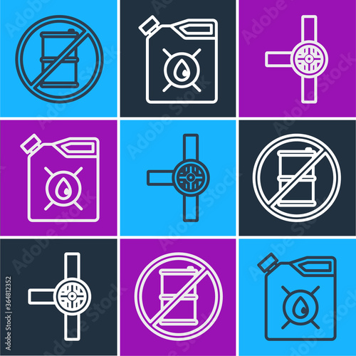 Set line No barrel for gasoline, Industry pipes and valve and Canister for motor machine oil icon. Vector.