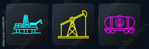 Set line Oil platform in the sea, Oil railway cistern and Oil pump or pump jack. Black square button. Vector.