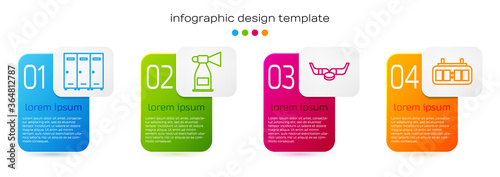 Set line Locker or changing room, Air horn, Ice hockey sticks and puck and Hockey mechanical scoreboard. Business infographic template. Vector.