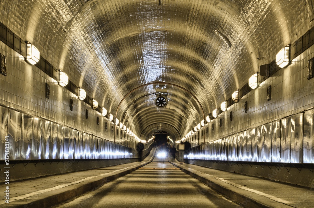 Alter Elbtunnel in Hamburg centered with bicycles and pedestrians