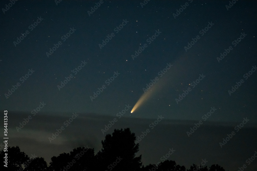 NEOWISE Comet above lake low above horizon, C 2020 F3 (NEOWISE)
