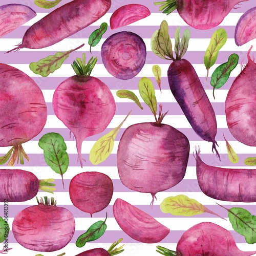Fototapeta Naklejka Na Ścianę i Meble -  Watercolor seamless pattern with beetroots on purple striped background. 
Colorfull bright summer seamless background for textile, wallpapers, print and banners. 