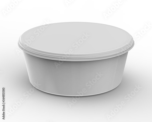 Round plastic container with blank label, illustrator mockup. Food product package, mock-up. photo